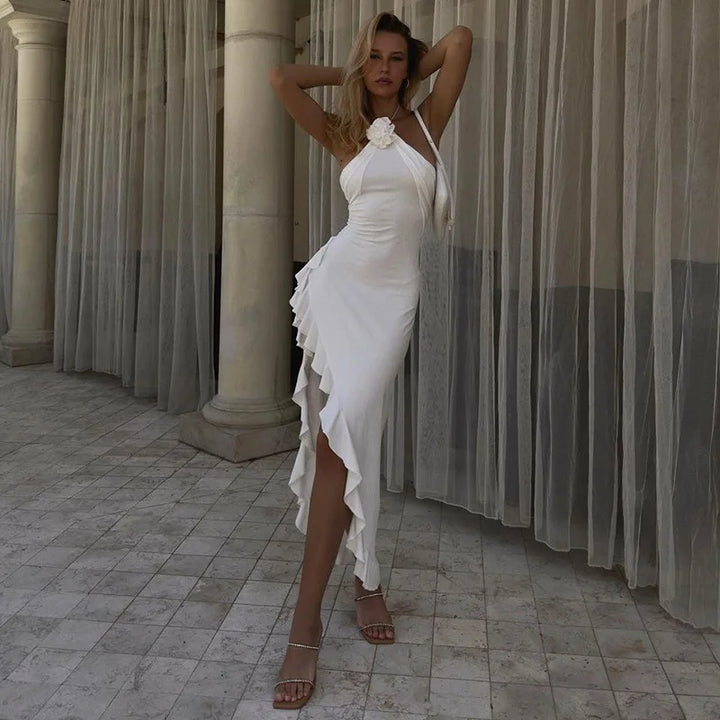 Selene Ruffle-Slit Maxi Dress